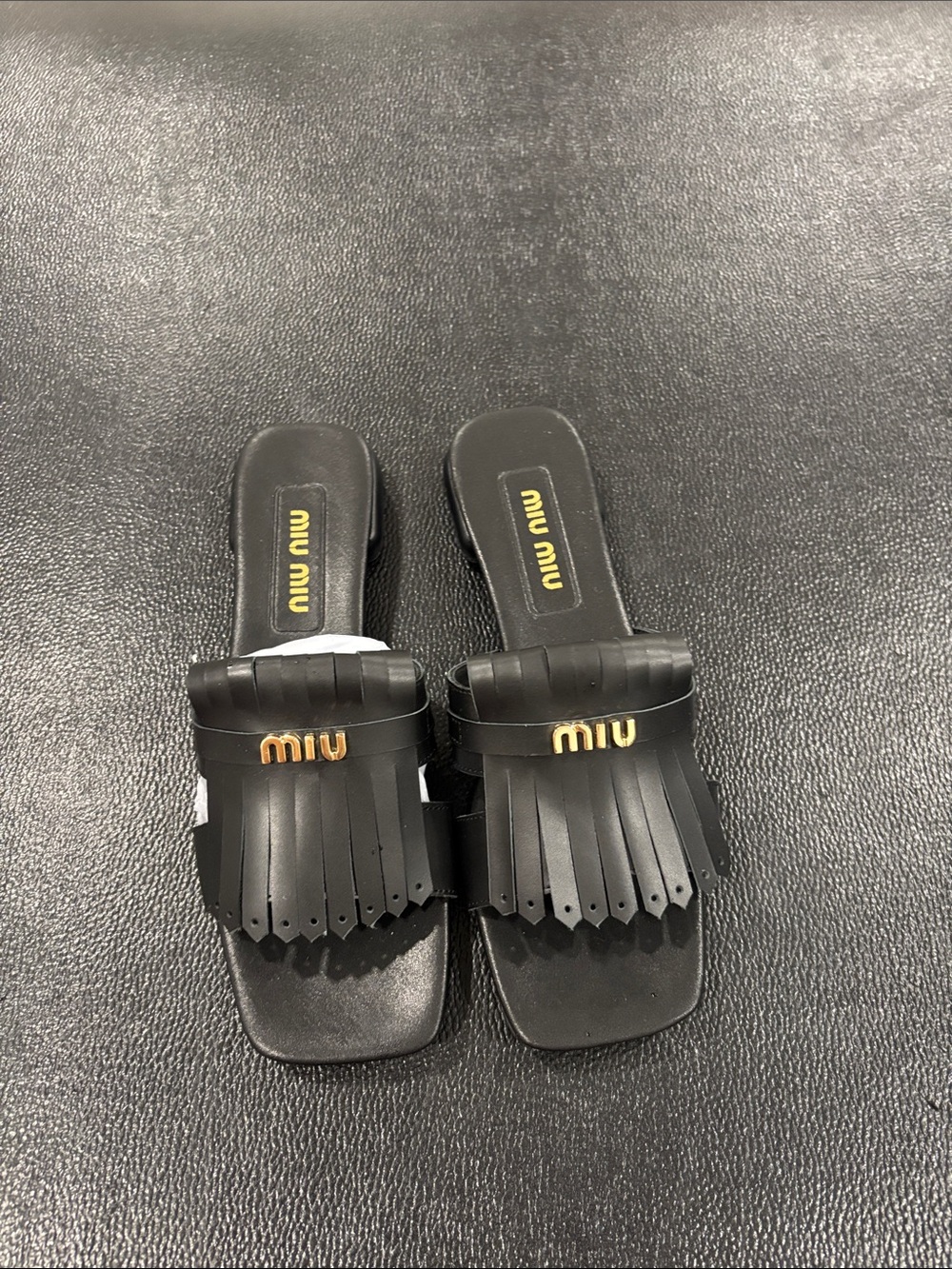 Miu Miu Black Fringe Slide Sandals with Gold Logo for lady’s size 9
